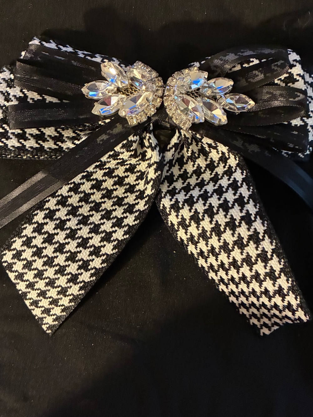 Black & White Houndstooth Bow Brooch with Crystal Accent